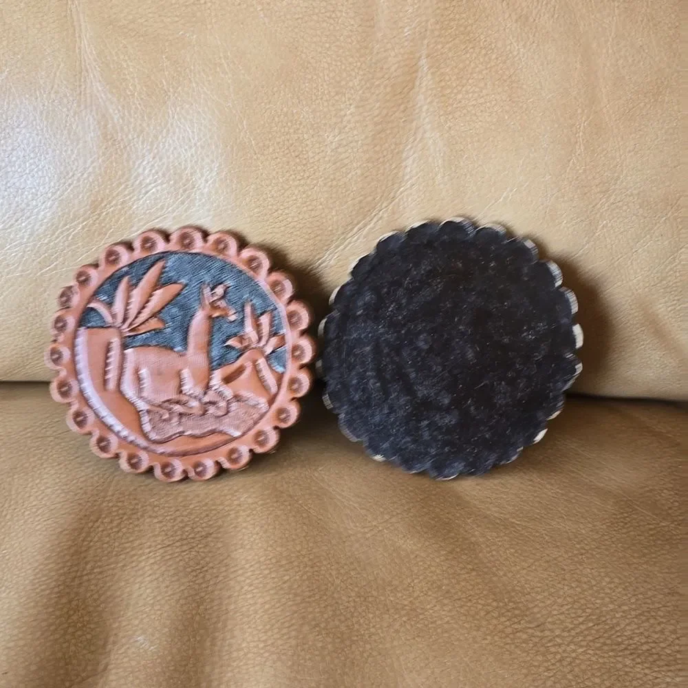 Tooled Leather Coaster Set of 2 | Llama Desert Design | possibly Peruvian